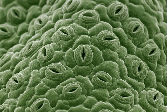 Close up of plant leaf surface showing stomata for gas exchange and transpiration
