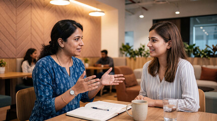 Fototapeta premium An engaged discussion between an experienced mentor and a colleague in a bright, contemporary office environment with papers and charts.