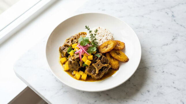 Caribbean curry goat served with rice, fried plantains, mango salsa, and pickled onions. Traditional Jamaican meal on a white marble table