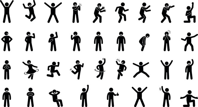 Set of stick figure icons depicting people in various happy and joyful poses