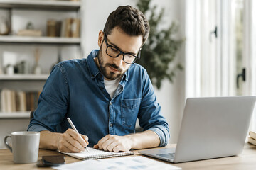 Obraz premium Man Taking Notes While Working on a Computer