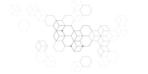 Fototapeta premium Geometric abstract pattern with interconnected hexagons and cubes in a minimalist white and gray design, suggesting a network or molecular structure.