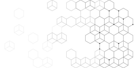 Obraz premium Abstract geometric network of interconnected hexagonal and cubic shapes, symbolizing data structure and technological advancement, rendered in a clean, minimalist monochrome style.