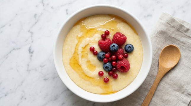 Overhead view of healthy cornmeal porridge with fresh berries and honey. Creamy polenta breakfast bowl on marble table. Flat lay food photography