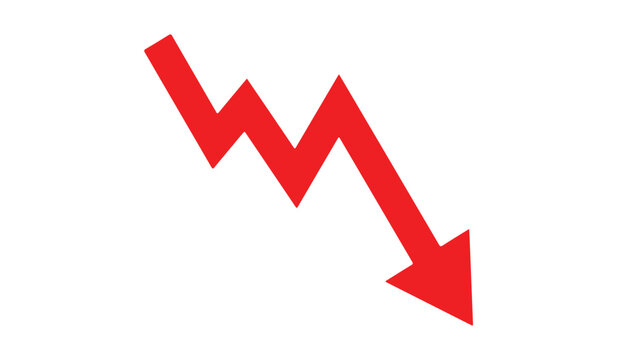 Red falling arrow symbol representing business decline and financial downturn. Concept of stock market loss, revenue decrease, economic risk and negative growth.