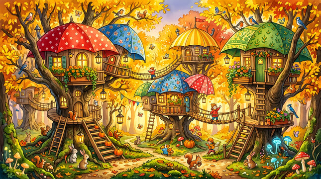 Whimsical umbrella treehouses in a magical forest. Fantasy woodland village illustration.