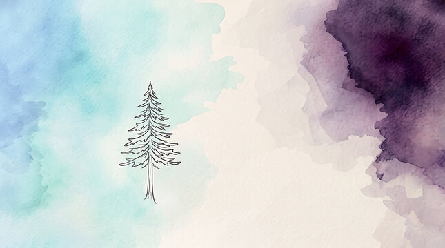 Minimalist watercolor tree illustration with soft sky background