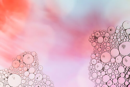 Abstract bubble network illustration with pink and orange gradient background
