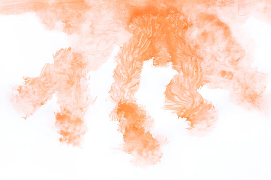 Abstract watercolor splatter art with soft orange and beige tones on light background