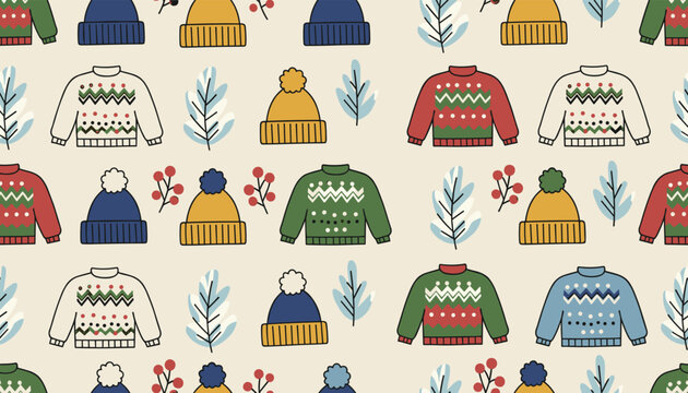 Cozy seamless pattern with colorful knitted winter sweaters, matching beanies, snow covered leaves, and berries.
