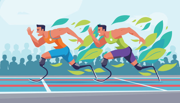 Two male paralympic athletes with prosthetic legs compete in a running race on a track with green leaves swirling around.