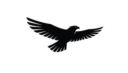 Fototapeta premium Powerful black silhouette of an eagle flying gracefully with outspread wings against a plain white background.