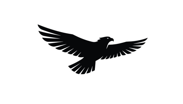 Powerful black silhouette of an eagle flying gracefully with outspread wings against a plain white background.