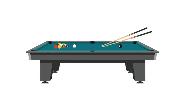 Classic green billiard table with colorful pool balls and cue sticks ready for a game on white background.