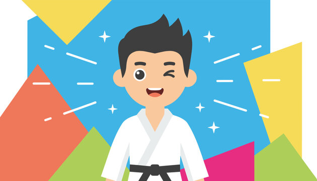 Young boy wearing a white martial arts gi and black belt winks happily against a colorful abstract geometric background.