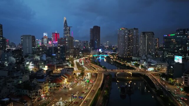 Ho Chi Minh City Night Skyline and Vo Van Kiet Boulevard Traffic