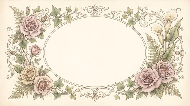 Elegant Vintage Floral Frame Border with Pastel Roses and Calla Lilies
