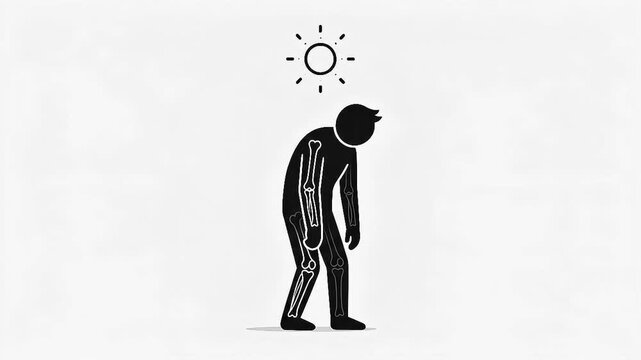 Vitamin D deficiency and weak bones concept with tired man under the sun vector illustration.