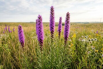 Fototapeta premium Purple wildflowers blooming in sunny open field under blue sky