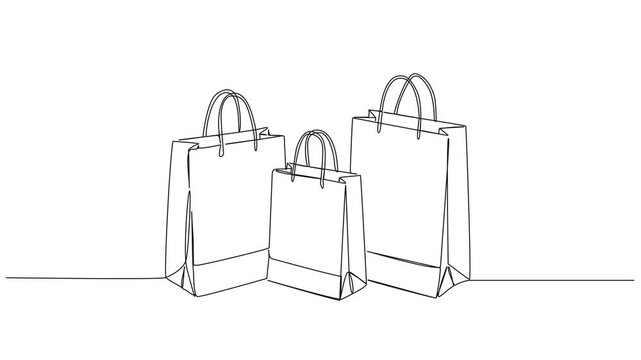 animated continuous line drawing of three paper shopping bags. minimalist retail, e-commerce, shopping, sale, and eco-friendly branding concept. line art animation