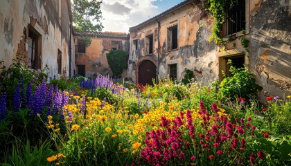 Obraz premium Vibrant Flower Garden Blooms Amidst Old, Decaying European Courtyard Architecture