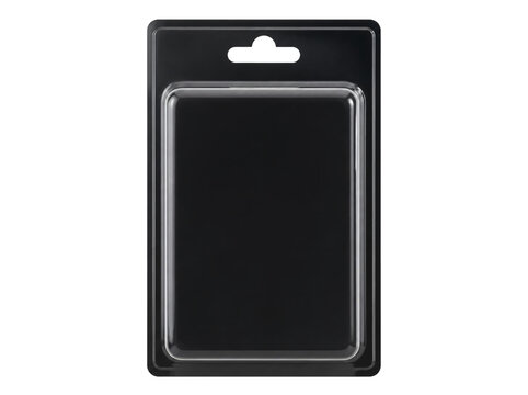 Blank black plastic clamshell blister pack with a hang tab isolated on transparent background