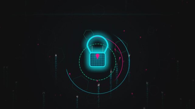 Futuristic digital lock animation with data streams and abstract geometric shapes.