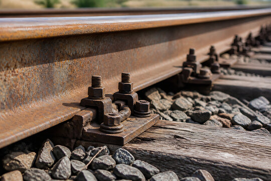 Rusty train tracks run through a gravel ballast setting under an open sky.