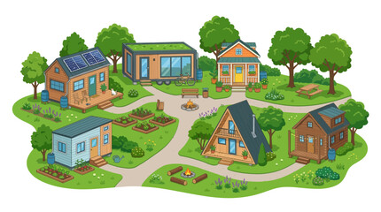 Obraz premium Sustainable Tiny House Village with Solar Panels and Gardens Illustration