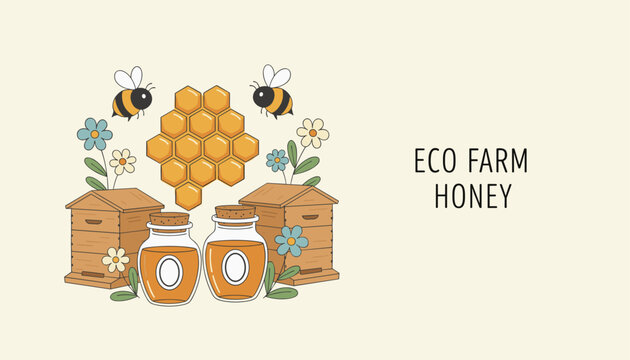 Eco farm honey poster design with wooden beehives sweet honey jars golden honeycomb and flying honeybees around.