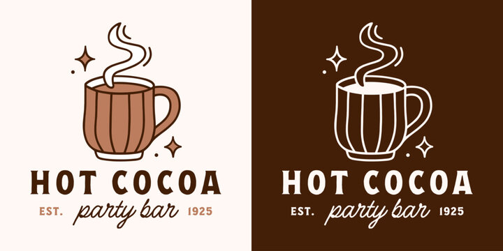 Hot cocoa party bar chocolate theme cozy aesthetic sign logo for winter fall season banner poster design. Christmas girls sleepover seasonal drink cup cute label illustration printable sticker print.