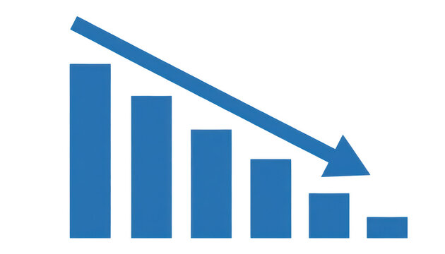 Blue bar chart showing a downward trend with a decline arrow
