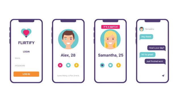 UI design templates for a mobile dating application showing screens of login, profile, matching, and chat.