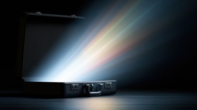 Open Briefcase Emitting Vibrant Rainbow Light Beams in Dramatic Darkness