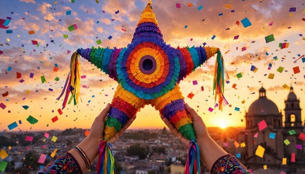 Person holding a colorful star shaped pinata against a sunset cityscape with falling confetti
