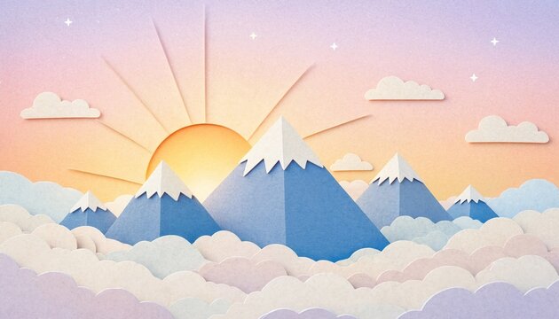 Papercut style landscape illustration with snowcapped mountains and sunrise clouds