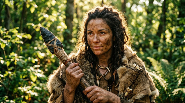 Portrait of a Prehistoric Woman Hunter Holding a Stone Tipped Spear in a Dense Forest Environment