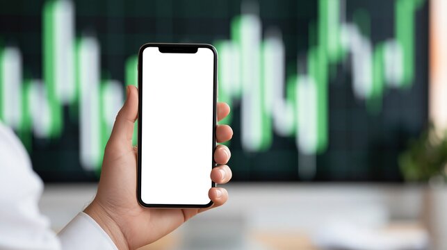 Hand holding a smartphone with a blank white screen in front of a blurred stock market trading chart