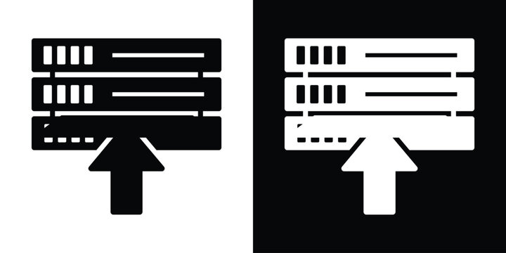 Database server stack with upward arrow vector icon isolated on black and white background. Minimalist data upload and system upgrade symbol.