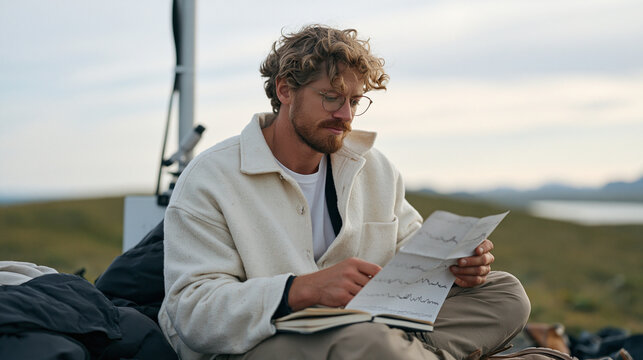 Solitary seismologist beneath an overcast dramatic sky reads printed waveform data beside a field monitoring station, deliberate clothing choices of quality wool and worn leather