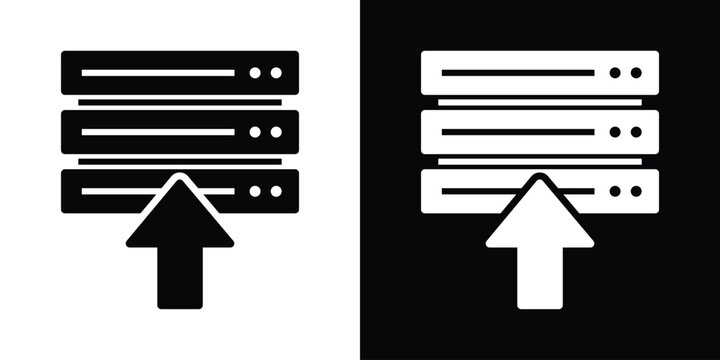 Database server stack with upward arrow vector icon isolated on black and white background. Minimalist data upload and system upgrade symbol.