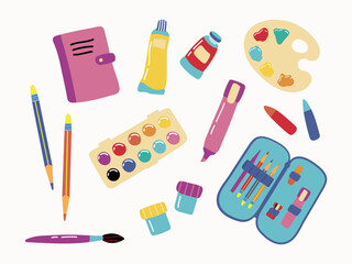 Cute art supplies and back to school clipart set. Colorful painting tools with watercolor palette, paint tubes, pencils in pencil case, sketchbook, marker and brush isolated on white background. © Helga KOV