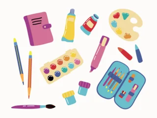 Cute art supplies and back to school clipart set. Colorful painting tools with watercolor palette, paint tubes, pencils in pencil case, sketchbook, marker and brush isolated on white background. © Helga KOV