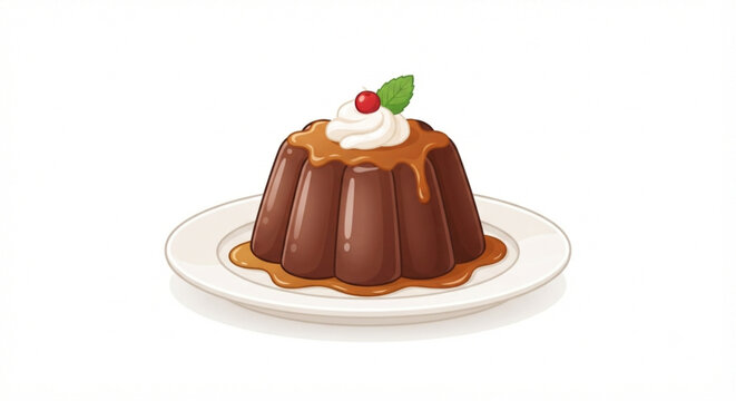 Delicious chocolate pudding dessert with caramel sauce, whipped cream, and cherry topping on a plate