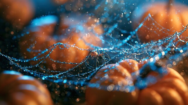 Macro 3D illustration of glowing spider web made of silver silk with tiny magical spider, pumpkins twilight enhances seasonal mood