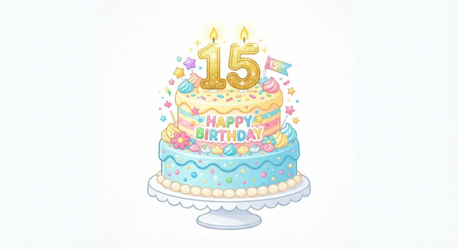 Cute 15th Birthday Cake with Glitter Candles and Pastel Colors