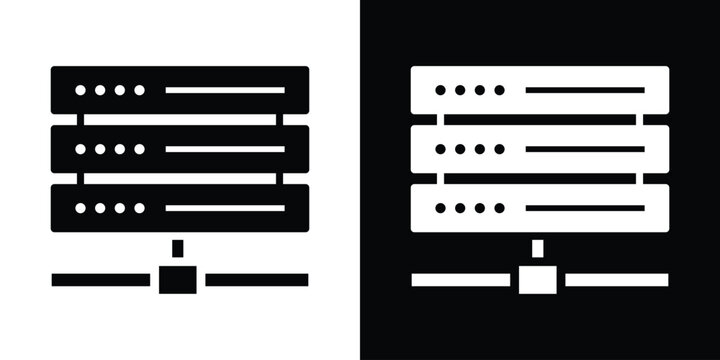 Database server stack connected to a network node vector icon isolated on black and white background. Minimalist web hosting and data infrastructure.