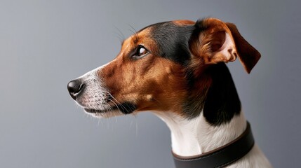 Obraz premium Close Up Portrait of a Smooth Fox Terrier Dog Wearing a Black Collar Against a Solid Gray Background
