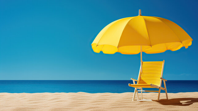 Sunny Beach Retreat: A vibrant yellow beach chair and umbrella stand ready on a pristine sandy beach, inviting you to relax under the clear blue sky with the gentle ocean waves in the background.