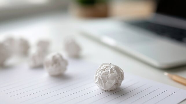 Crumpled paper balls on lined notebook beside laptop, symbolizing creative block or failed ideas